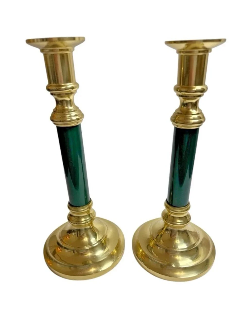 VTG Brass w/ Green Accent Set of 2 Candle Stick Holder 9.5